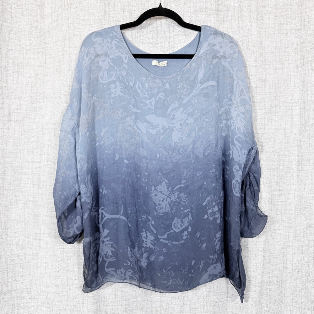 Giusy Artsy Silk Top Sz M Blue Ombre Floral Jacquard Lagenlook Boho Art to Wear